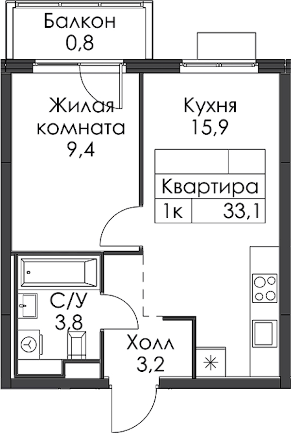 1-комнатная квартира 33.1 м², 9/15 эт., ЖК «Заречный парк»
